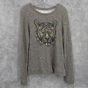 Lucky Lotus Tiger Sweater M Marled Green Black Metallic Gold Embroidered Cotton
